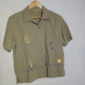 Bobbie Brooks Sea Horse Ocean Olive Green Embroidered Shirt Sz 12/14